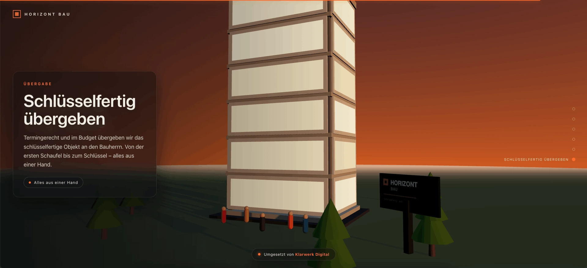 Horizont Bau — scrollgesteuerter 3D-Bauablauf